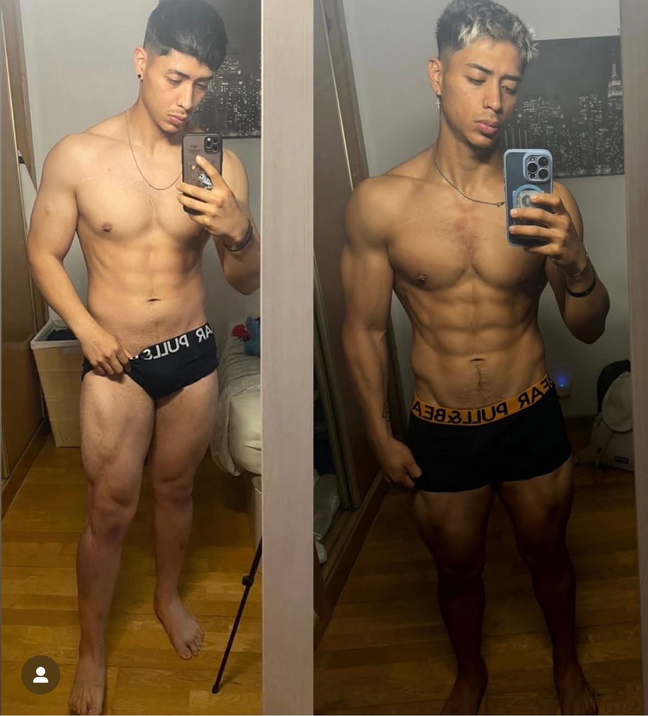 Before and after photos of a man in underwear showing muscle growth. He's holding a phone, and his expression is serious.