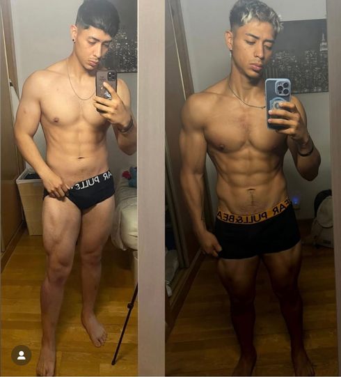 Before and after photos of a man in underwear showing muscle growth. He's holding a phone, and his expression is serious.