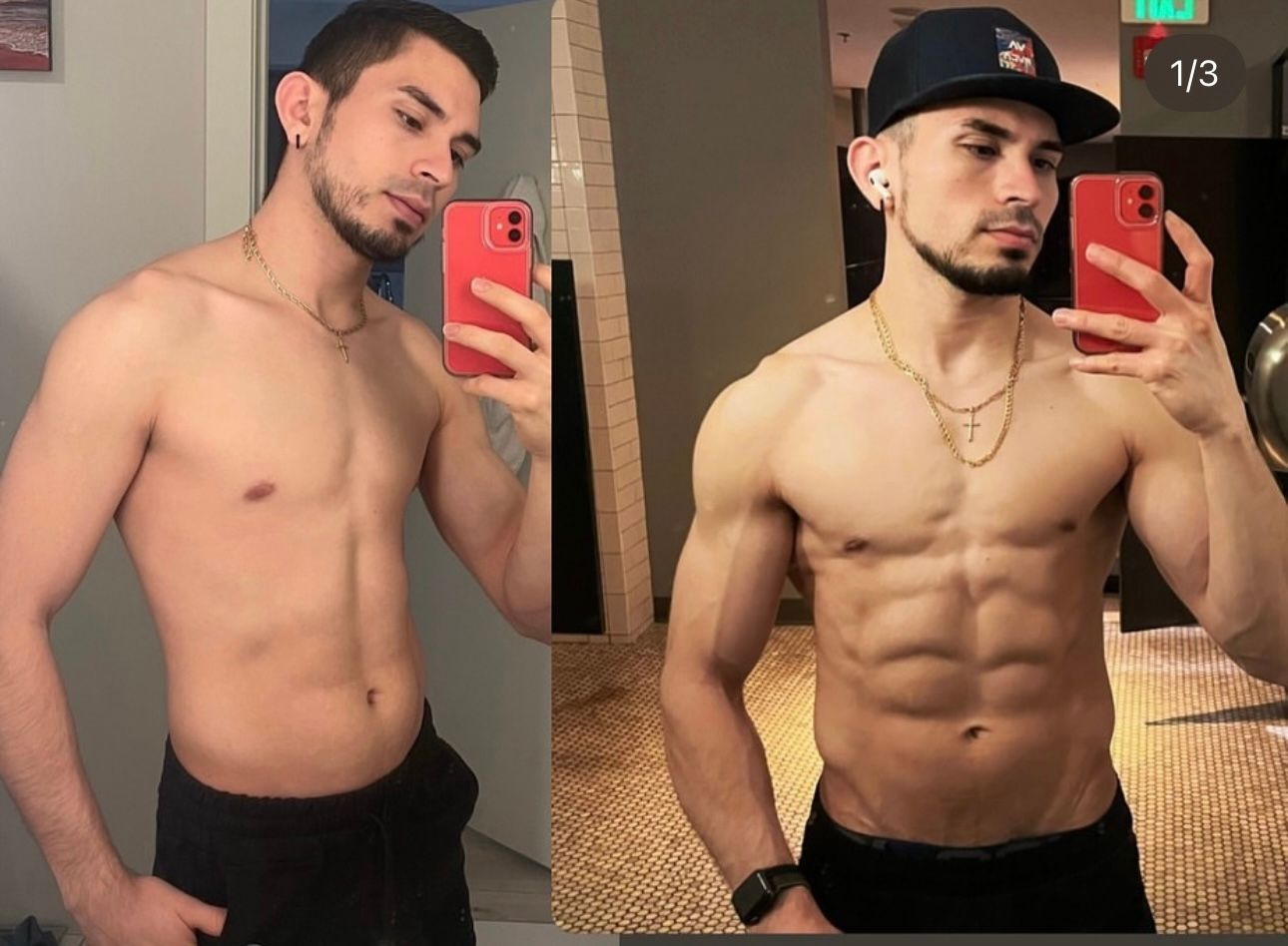 Side-by-side photos of a man flexing his muscles. On the left, he's less defined; right, he is shirtless and shows visible abs.