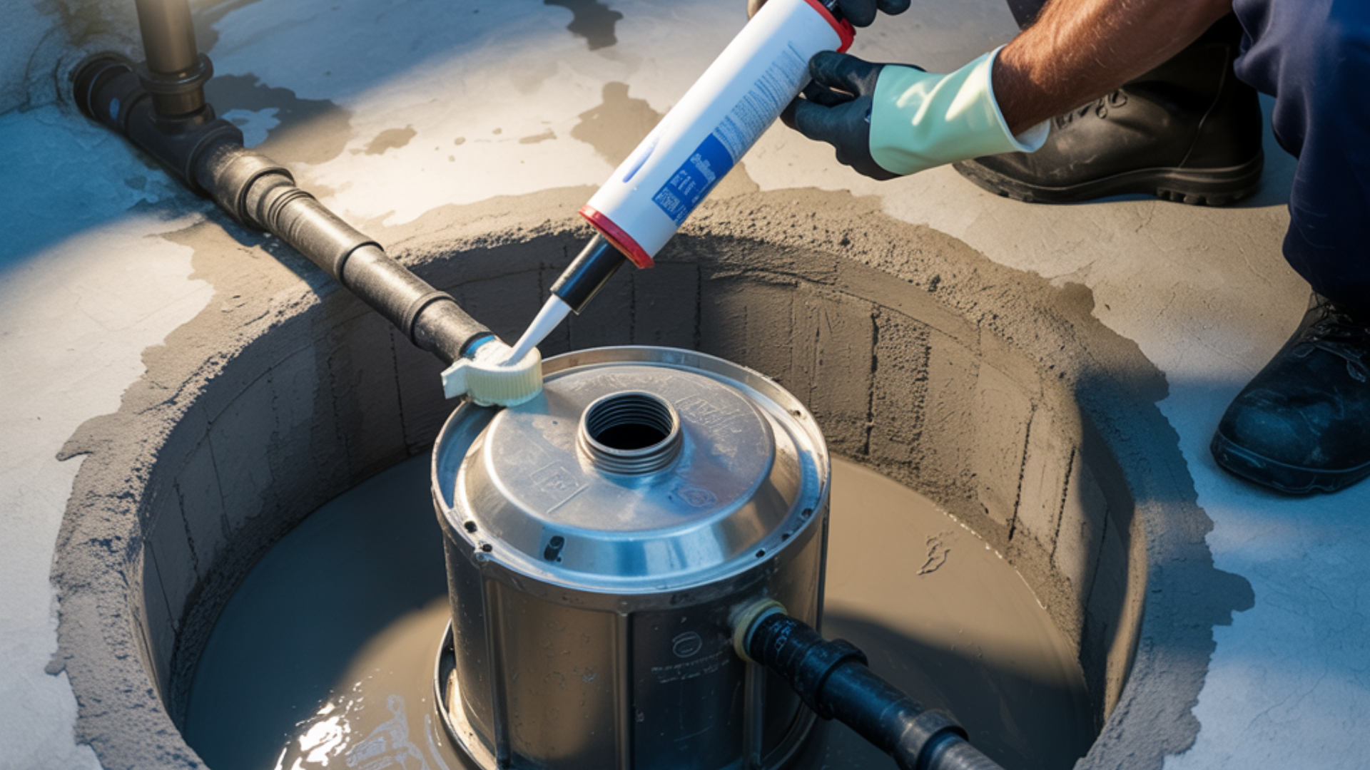 Person sealing pipe fitting in a concrete structure with sealant from a caulking gun.