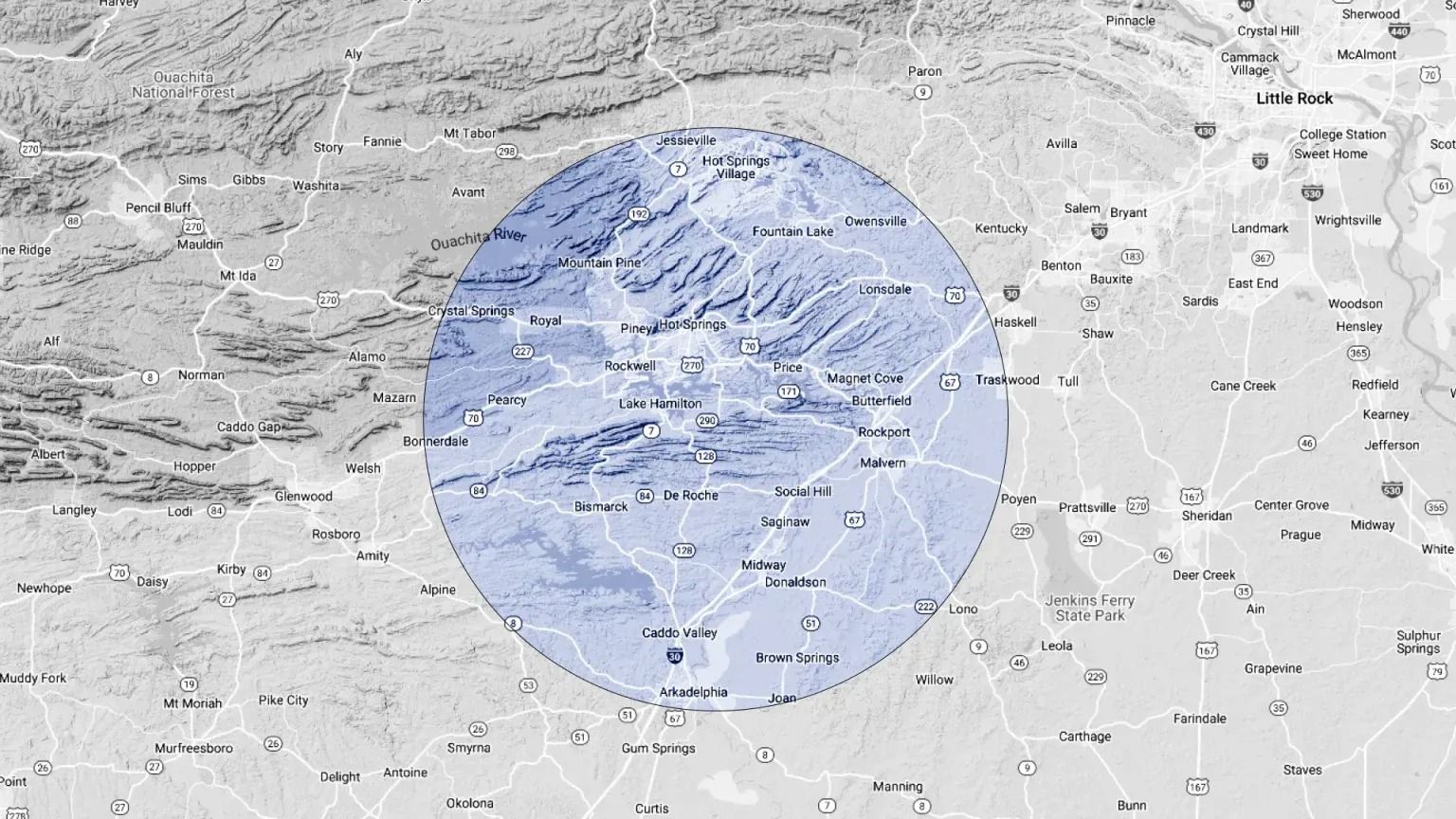 A circular blue overlay highlights a specific region on a grayscale map of Pennsylvania and surrounding states.