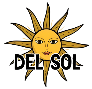 Stylized sun with a serene face and golden rays behind the black text 