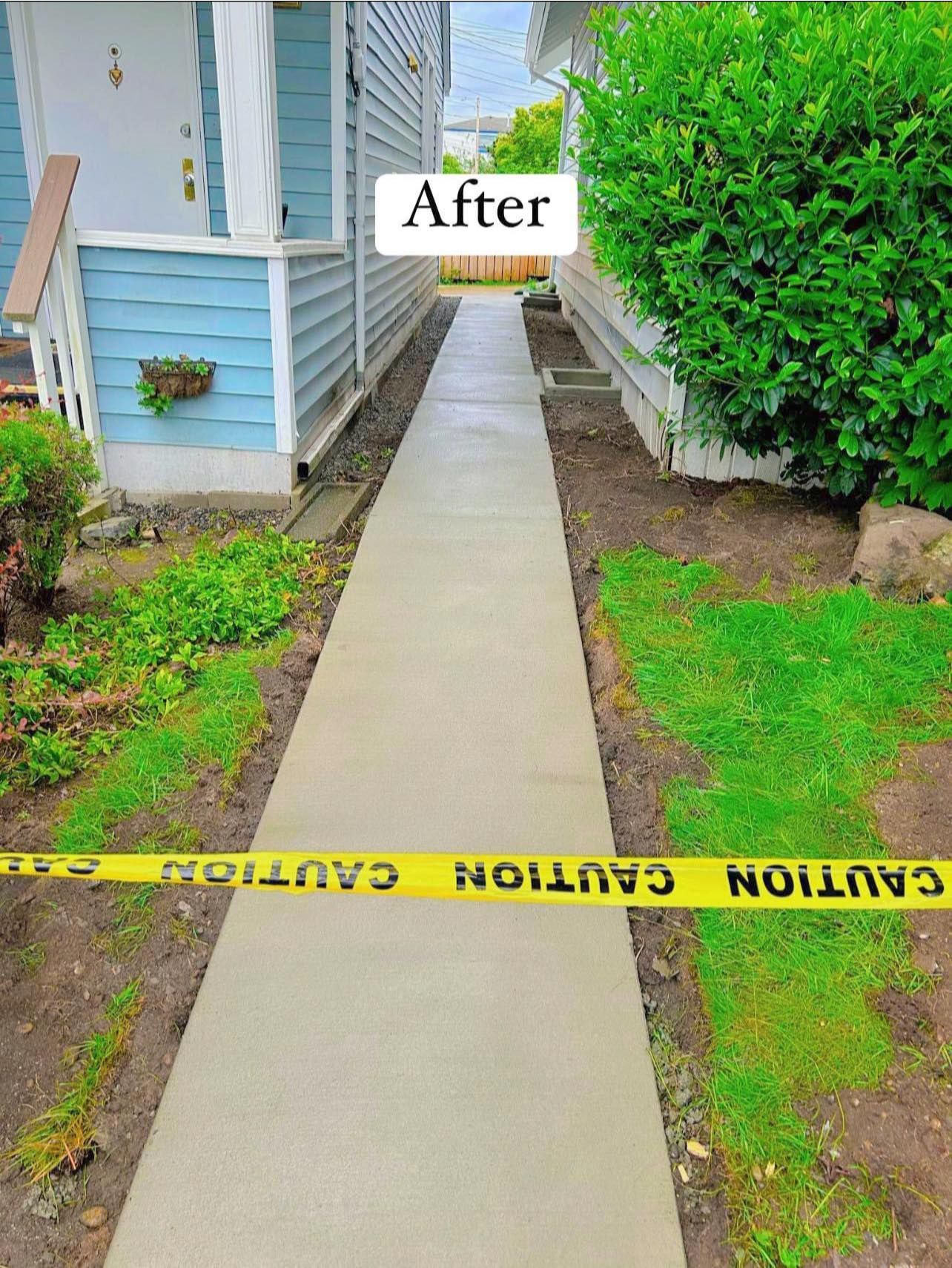 A picture of a walkway in a yard with a sign that says after | Everett, WA | JMS Concrete & Construction LLC