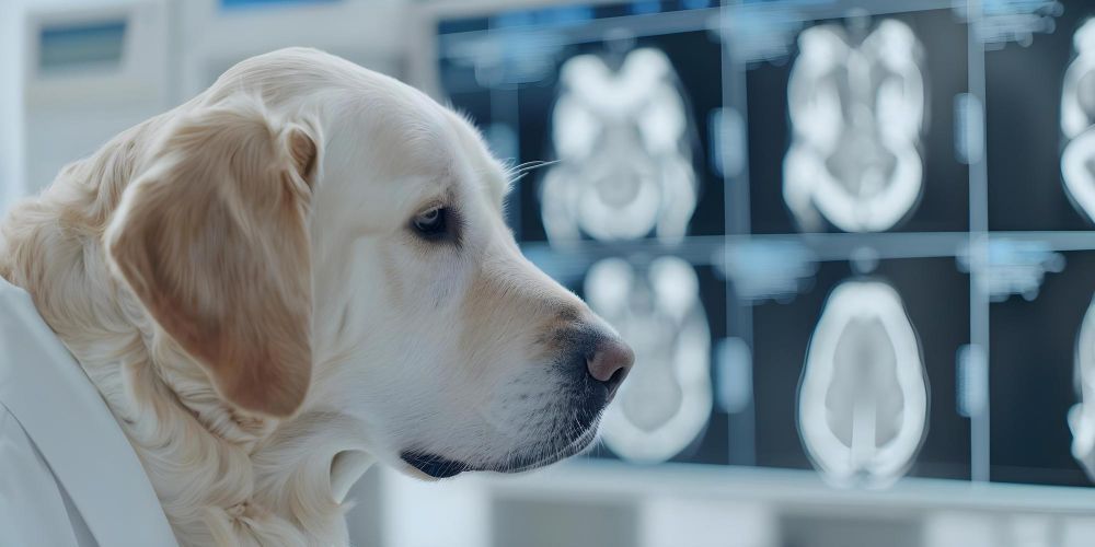Golden retriever vestindo um jaleco observa imagens de tomografias cerebrais.