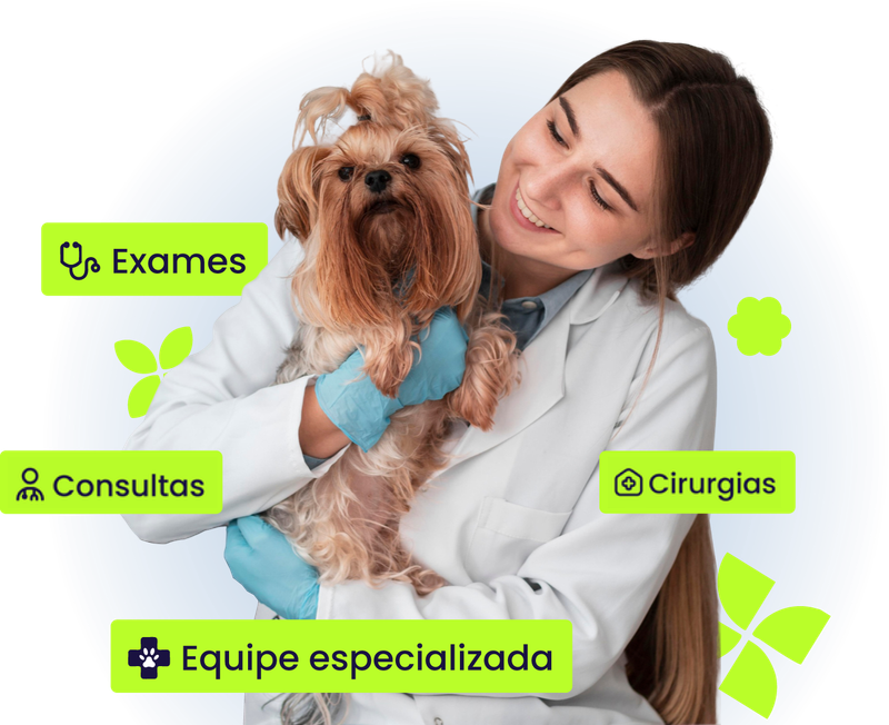 Woman holding a brown dog, with highlighted words: Consultas, Exames, Cirurgias, Equipe especializada.