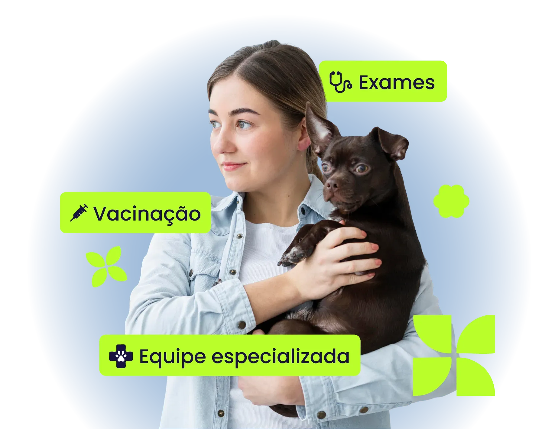 Mulher segurando um cachorrinho marrom; as caixas de texto destacam 'Vacinação', 'Exames' e 'Equipe especializada'.
