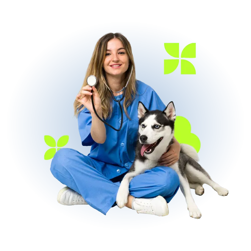 Veterinário de uniforme azul com um cão husky, segurando um estetoscópio e sorrindo.