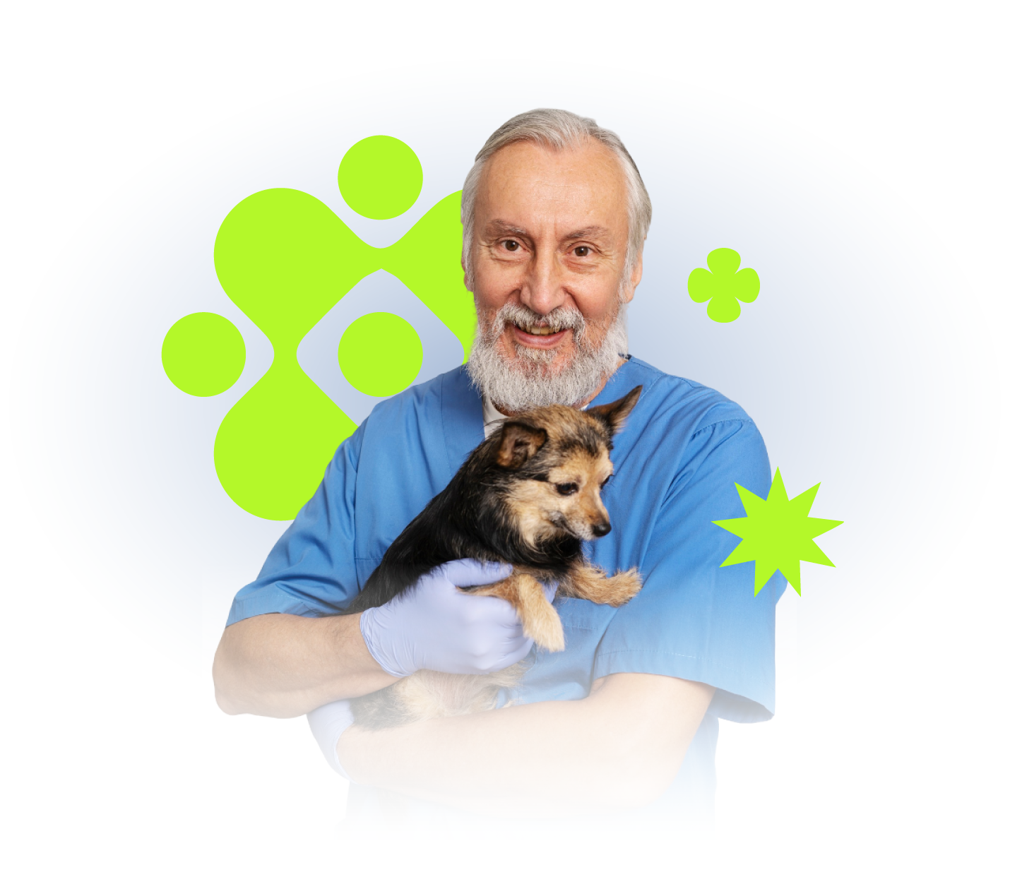 Veterinário de uniforme azul segurando um cachorrinho, sorrindo, com formas abstratas verdes ao fundo.