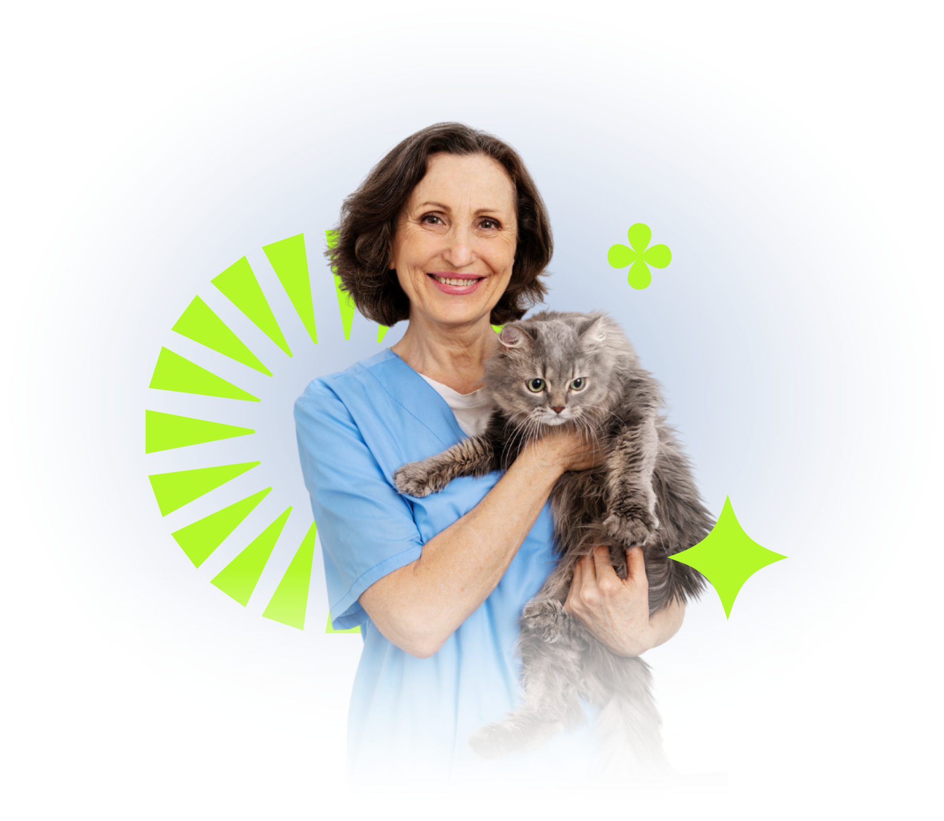 Veterinário sorridente segurando um gato cinza e fofo; vestindo um uniforme azul.