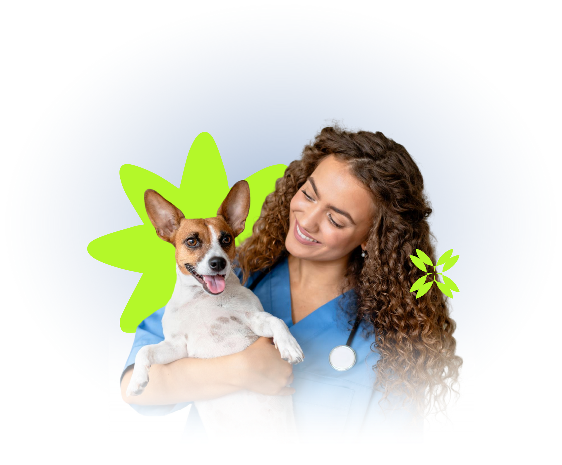 Veterinário de uniforme azul sorrindo enquanto segura um cachorro feliz com uma estrela verde ao fundo.