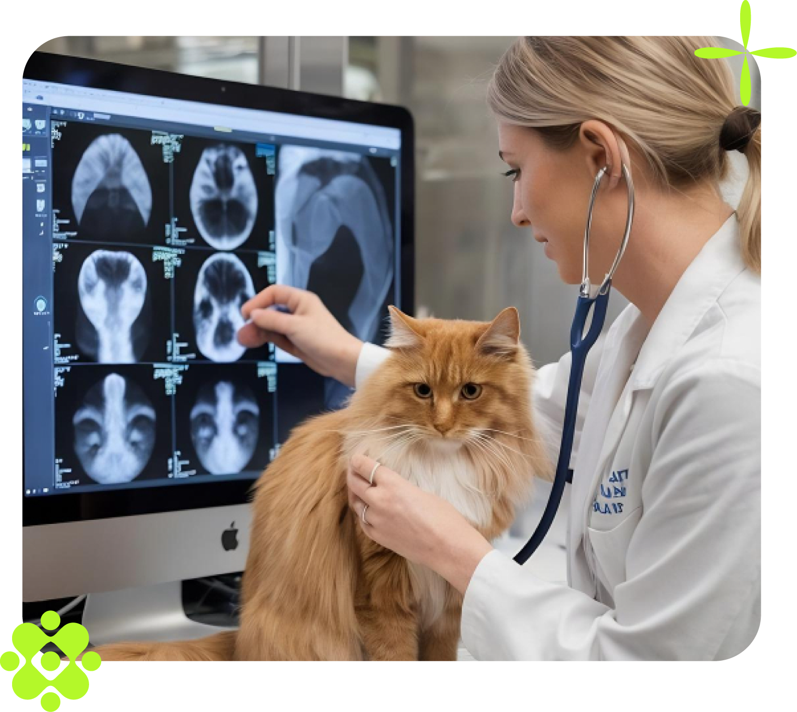 Veterinário examinando um gato laranja, auscultando com estetoscópio. Imagens do cérebro exibidas no monitor do computador.