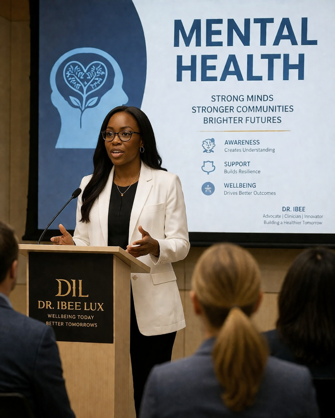 Speaker at podium presenting mental health slide at conference