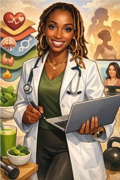 Smiling doctor in a white coat holding a laptop, with health icons and a fitness drink in the background