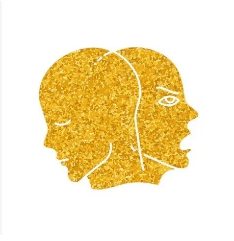 Gold double-profile silhouette with two overlapping human heads facing opposite directions