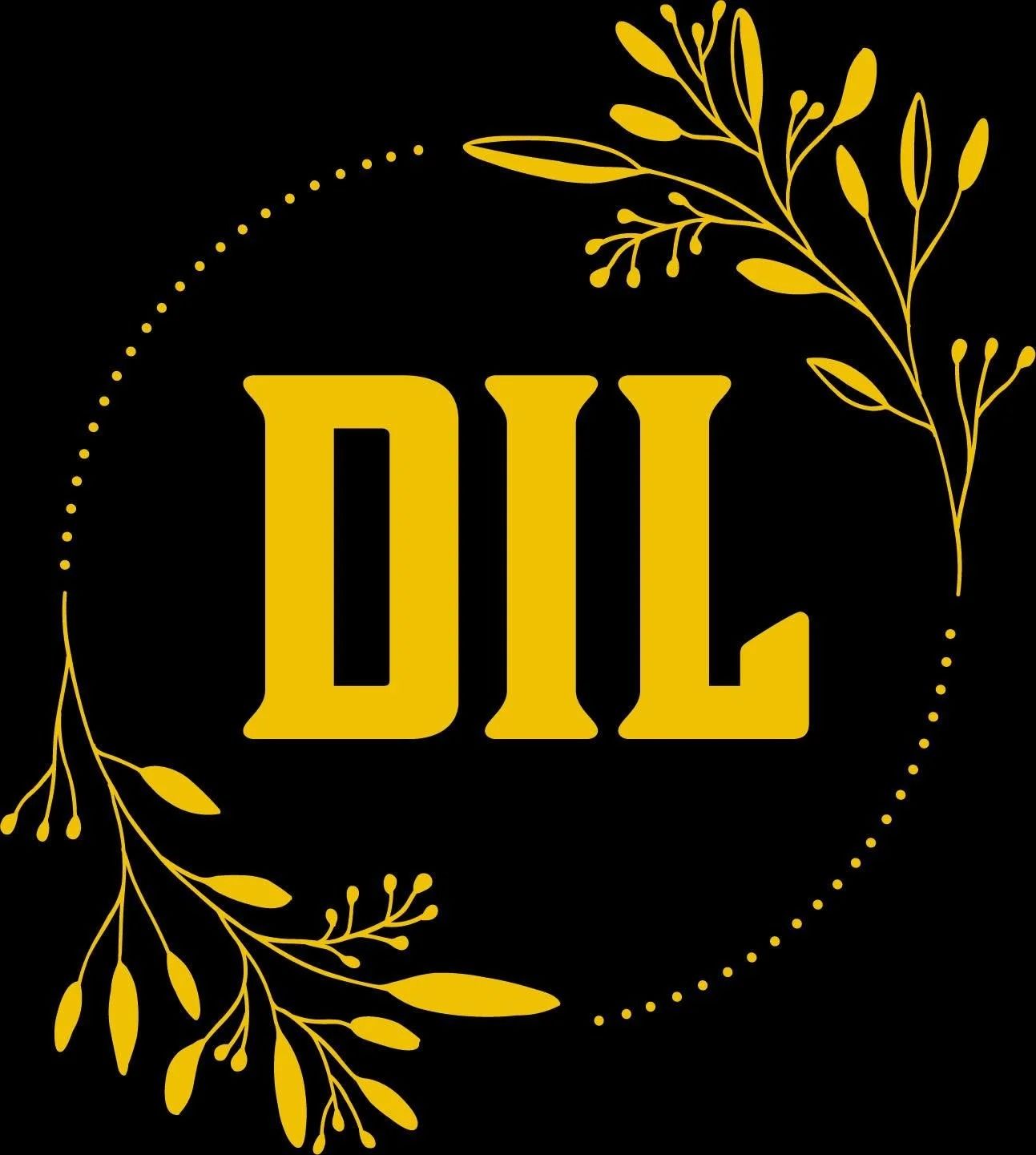 Gold “DIL” logo inside a dotted circle with decorative leaf branches on a black background