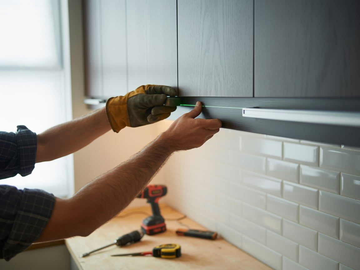 Person installing under-cabinet lighting in a kitchen; visible tools on the counter.