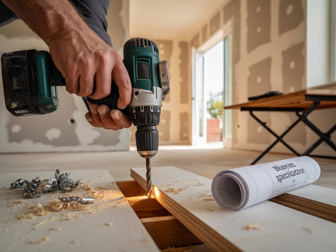 Person drilling wood with a power drill during home construction; sawdust and blueprints visible.