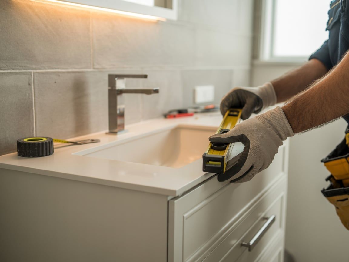 A person wearing gloves using a level to install a white bathroom vanity with a sink and faucet.