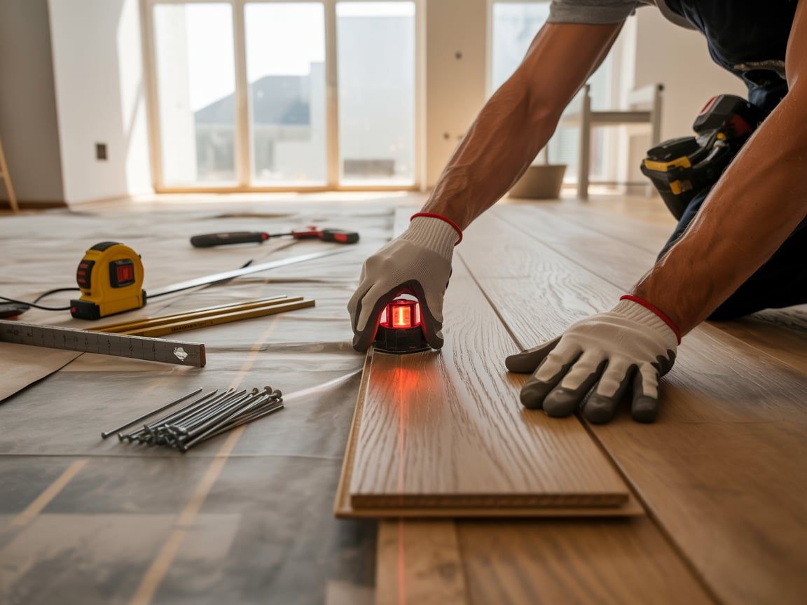 Person installing wooden flooring with a laser level, in a room with sunlight.