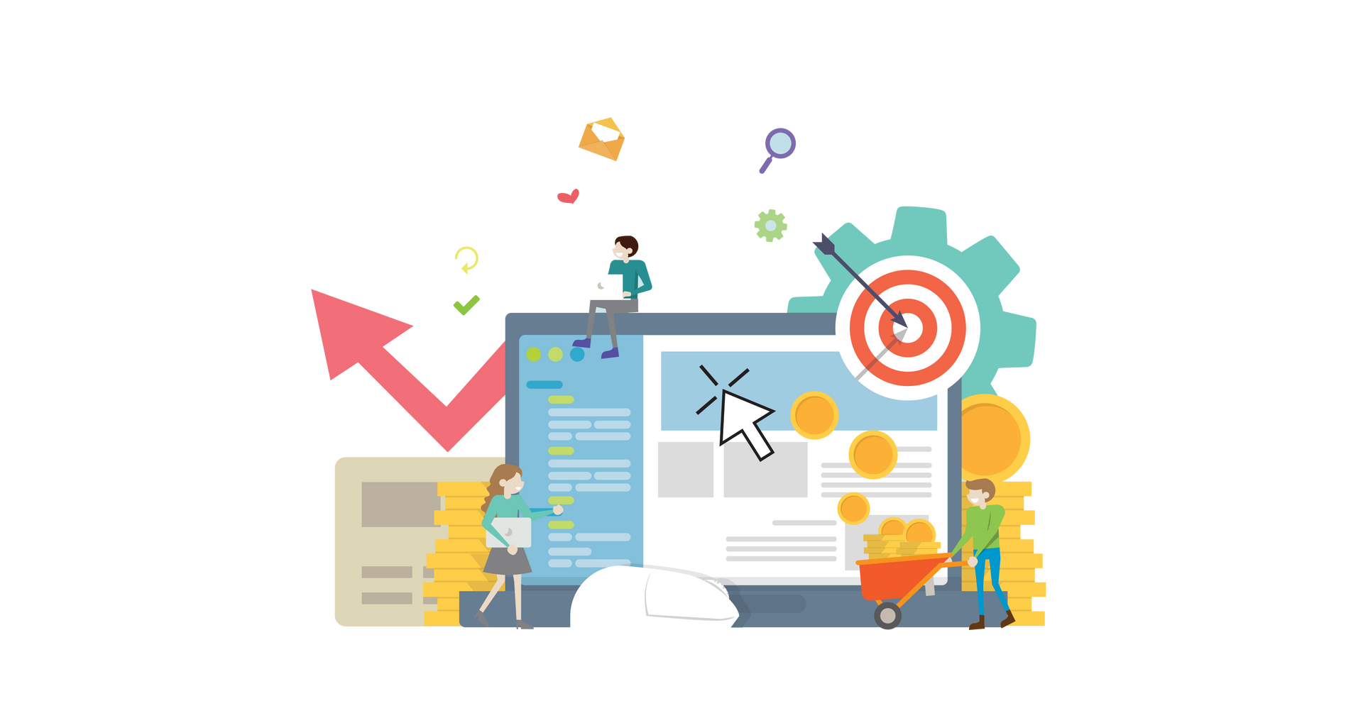 Website optimization illustration with graphs, targets, and people.