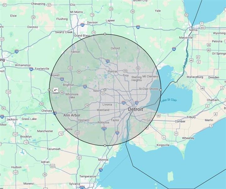 A map of the united states with a circle around detroit