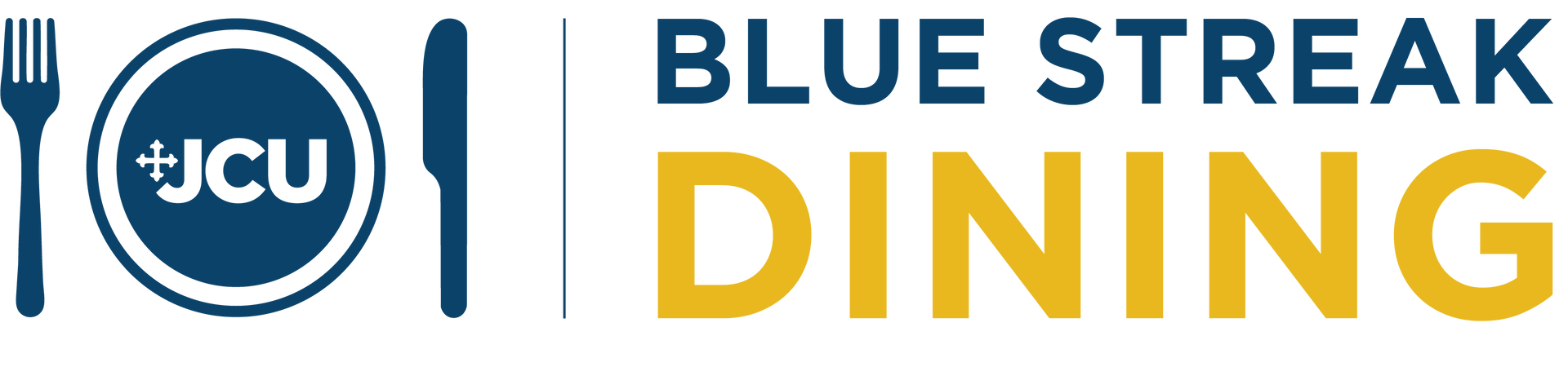Logo for Blue Streak Dining, includes fork, plate with "JCU", knife, and text in blue and gold.