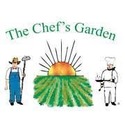 Logo: Chef's Garden, farmer with tool, field with sun, chef holding tray. Green, orange, white.