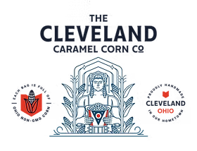 Logo: The Cleveland Caramel Corn Co. Features a figure holding popcorn, Ohio state shape, corn stalks, and text.