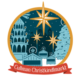 A logo for cullman christkindlmarkt with a christmas tree and stars