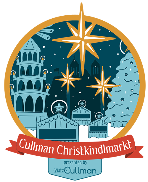 A logo for cullman christkindlmarkt with a christmas tree and stars