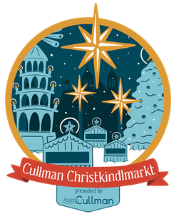 A logo for cullman christkindlmarkt with a christmas tree and stars