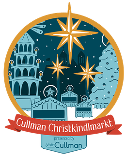 A logo for cullman christkindlmarkt with a christmas tree and stars