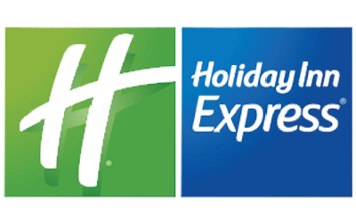 The holiday inn express logo is green and blue.