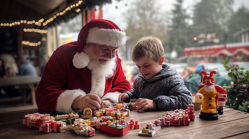 A little girl is reaching out to shake hands with santa claus.