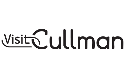 A black and white logo for visitcullman on a white background.