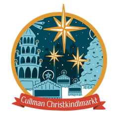 A logo for cullman christkindlmarkt with a christmas tree and stars