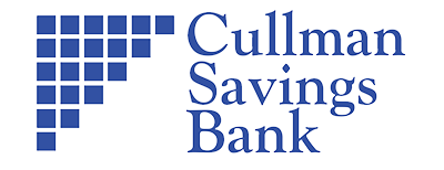 The logo for the cullman savings bank is blue and white.