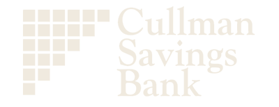 The logo for the cullman savings bank is white and has squares on it.