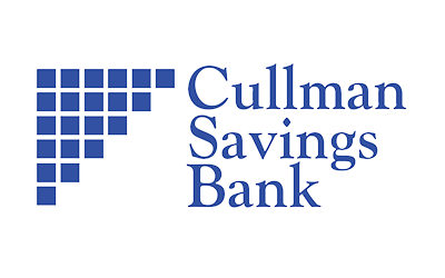 The logo for the cullman savings bank is blue and white.