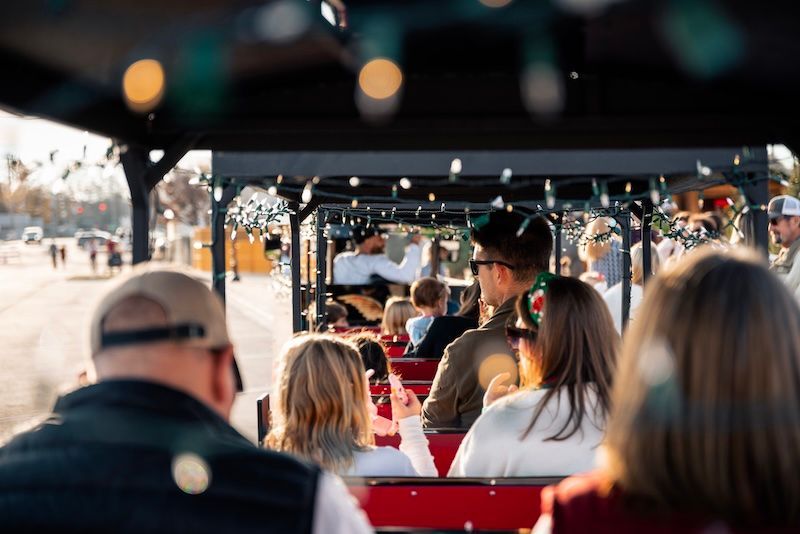 A group of people are riding in a golf cart decorated with christmas lights.