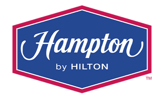 a blue and red logo for hampton by hilton