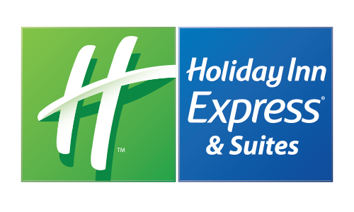 the holiday inn express and suites logo is green and blue