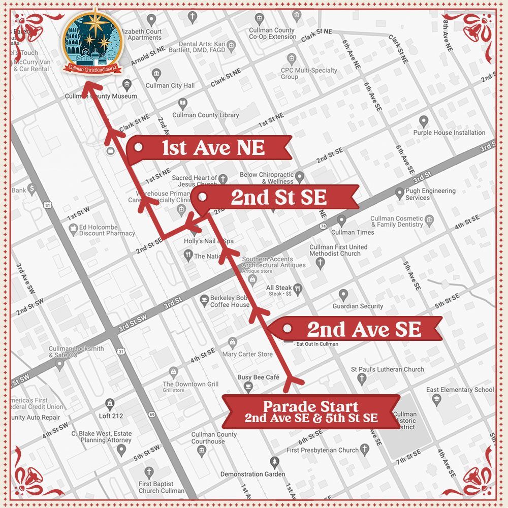 A map of a city showing the route of a parade.