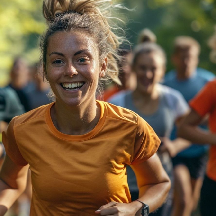 A woman in an orange shirt is running with a group of people behind her.