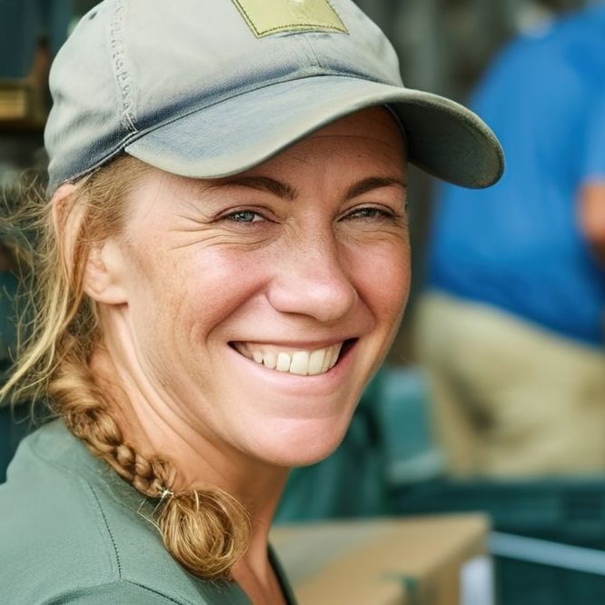 A woman wearing a baseball cap is smiling for the camera