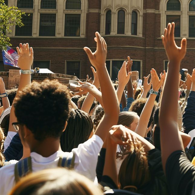 A crowd of people with their hands in the air