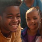 A boy and a girl are smiling for the camera