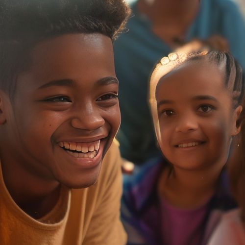 A boy and a girl are smiling for the camera