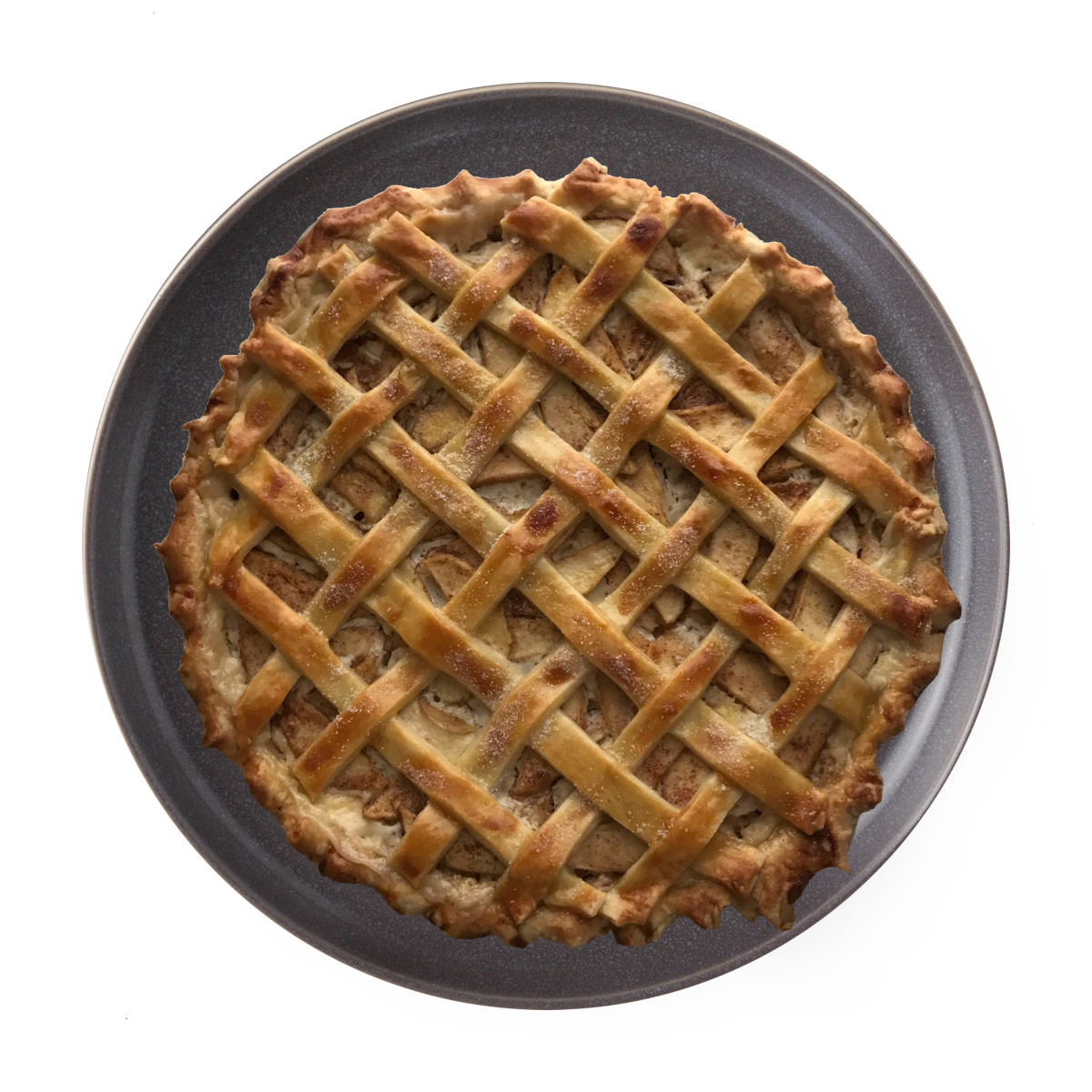 An apple pie with a lattice crust on a plate
