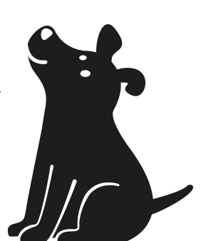 A black and white silhouette of a dog looking up